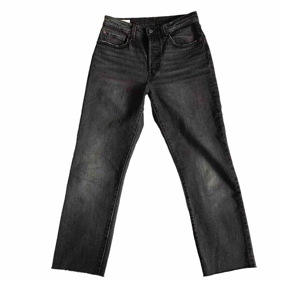 Levi's Premium 501 Womens Jeans Sz 24 Black Big E Reproduction HR Raw Cutoff - Picture 1 of 12